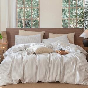 MooMee Striped Duvet Cover Set 100% Cotton - White with Blue Stripes - Queen